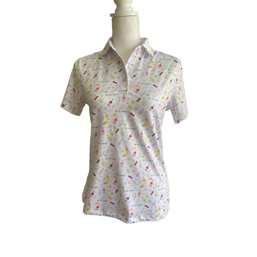 On The Rocks Women’s White Premium Cocktails Print Polo Shirt Size Small